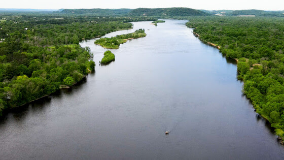 a birds eye view of the lower Wisconsin River in the Spring