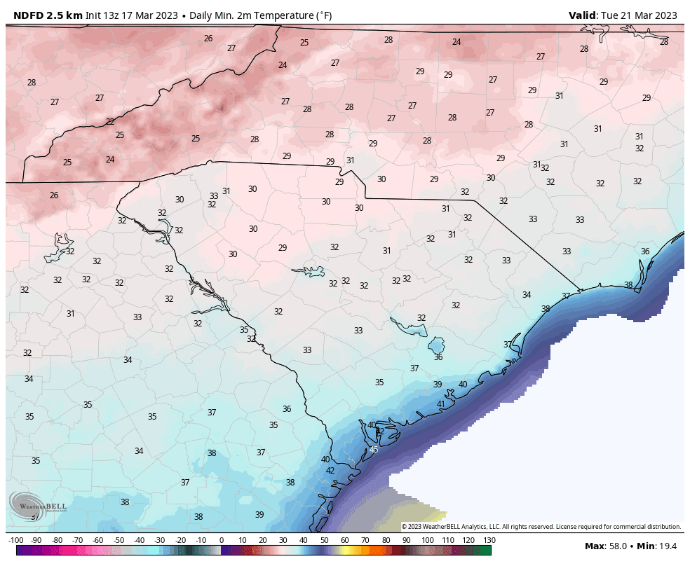 The Tuesday morning forecast lows across South Carolina from the National Weather Service.