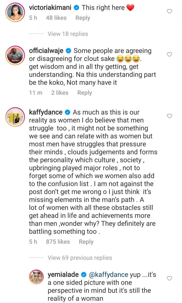 Yemi Alade starts debate after posting about the obstacles women face trying to reach their goals