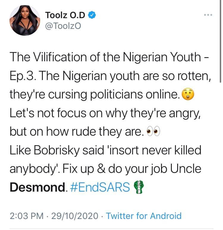 #EndSARS: You are cancelled - Nigerian celebrities call out Desmond Elliot over his comment about celebrities and influencers 
