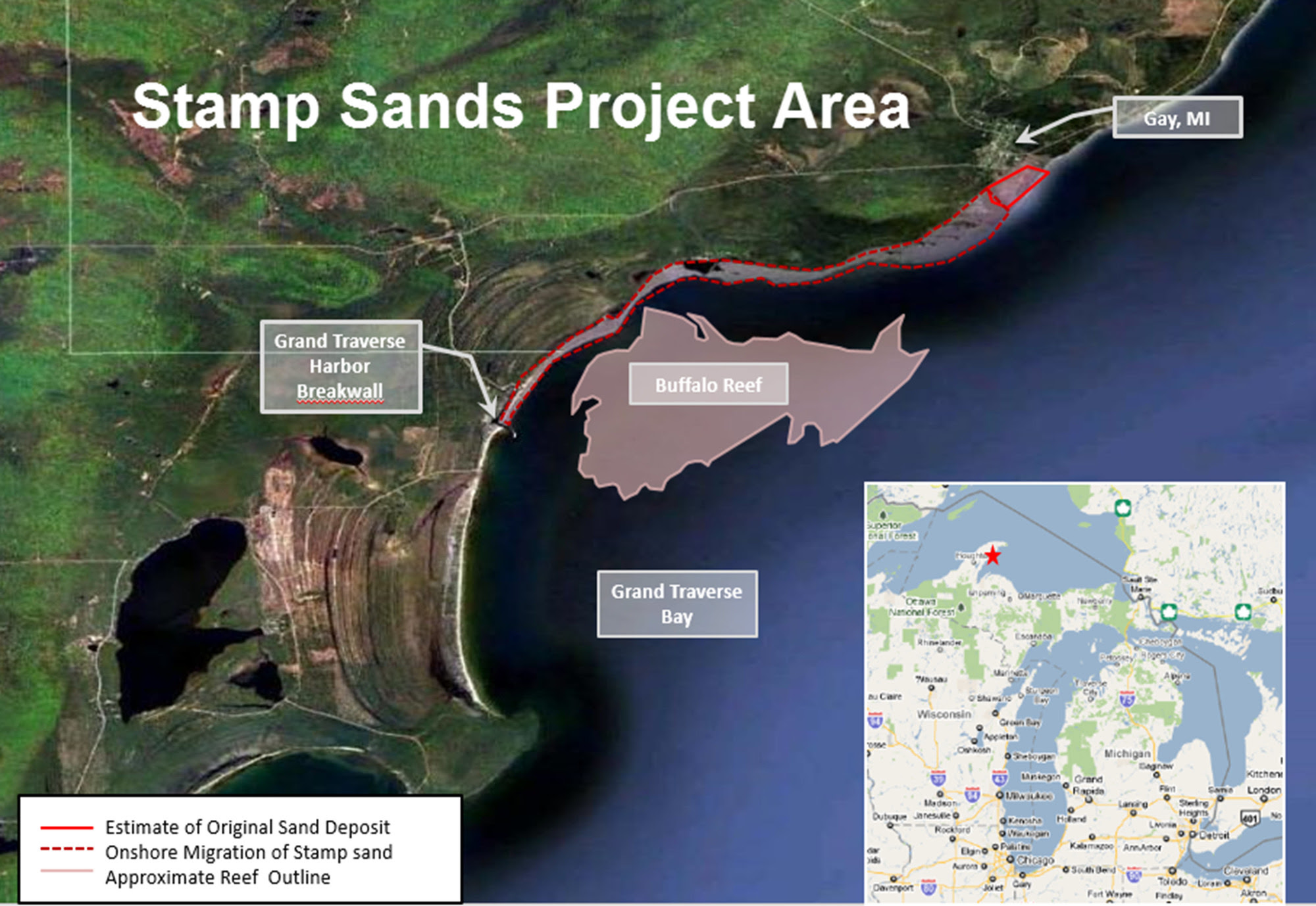 A map shows the stamp sands project area and Buffalo Reef.
