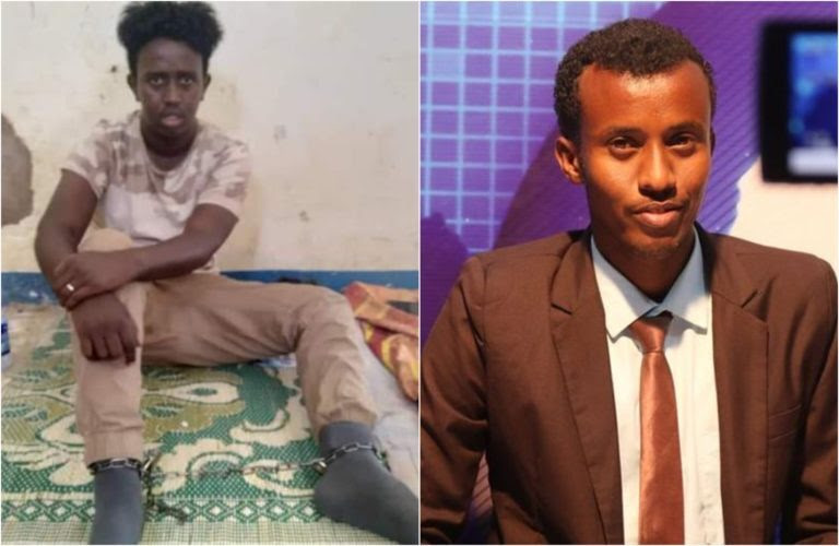 Chained-journalist-Mohamed-Abdiweli-Tohow-left-is-held-at-Dhusamareb-police-station-while-freelance-reporter-Mohamed-Salah-right-was-summoned-by-police-in-Garowe.-768x500