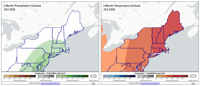 Map of the July August and September precipitation and temperature outlooks in the northeastern united states.