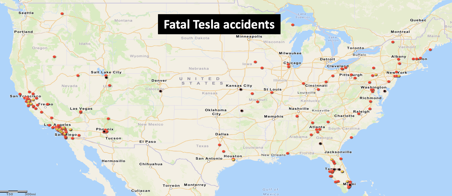 Tesla fatalities map. Tesla is under US criminal investigation over self-driving claims according to The Guardian