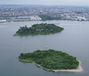 Abandoned North Brother Island and South Brother Island in the middle of East River