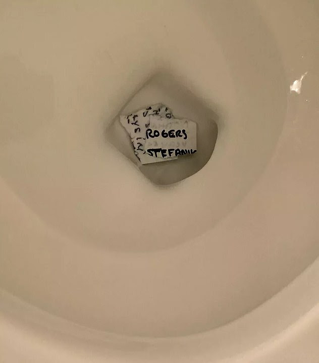 The images published by Axios purportedly show two sets of notes in the toilets, though they do not appear to be official documents. This image, Haberman claims, is from a toilet on an overseas trip