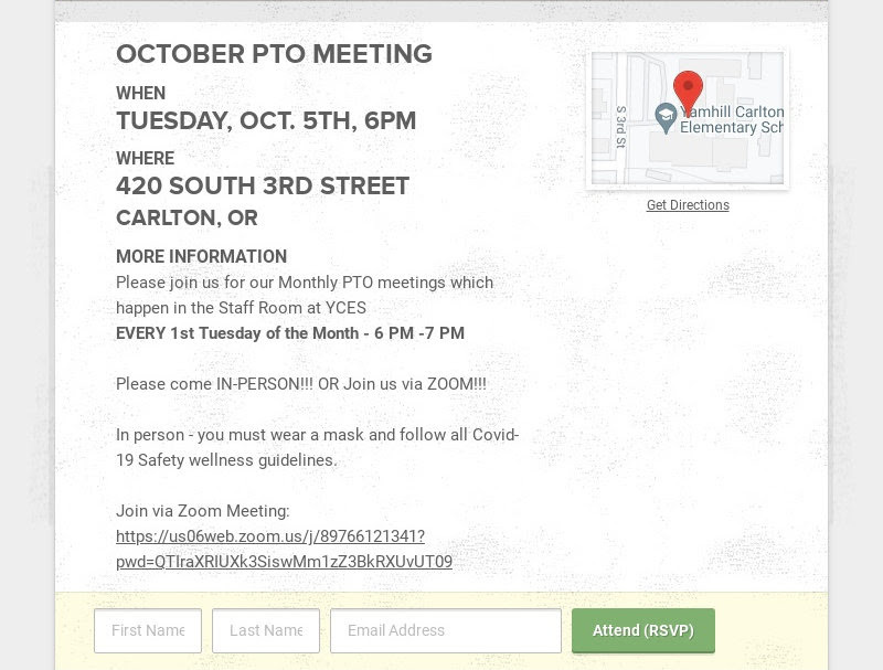 OCTOBER PTO MEETING
                        WHEN
                        TUESDAY, OCT. 5TH, 6PM
                        WHERE
                        420 SOUTH 3RD STREET
                        CARLTON, OR
                        MORE...