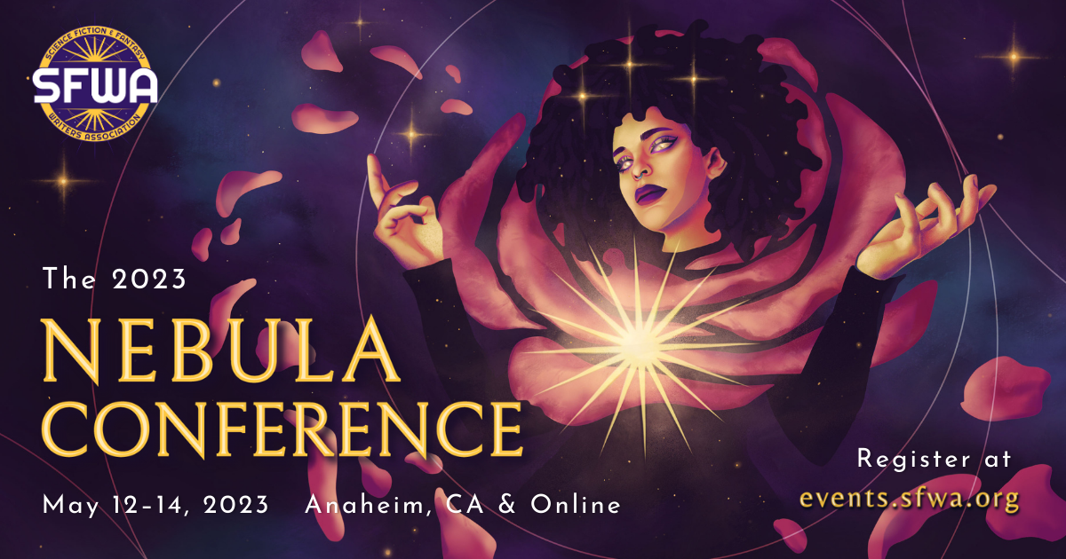 Promo graphic for the 2023 Nebula Conference. This year's star deity has hands outstretched in a spell, casting petals that appear to become meteorites.