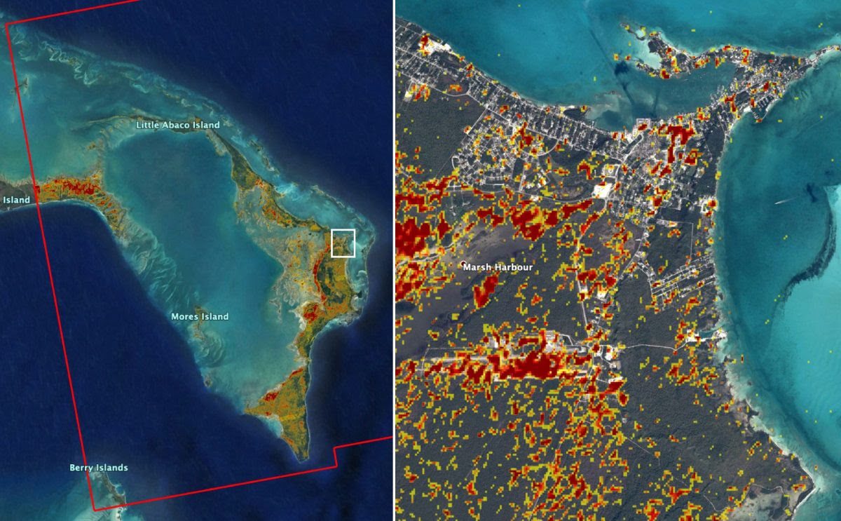 A damage assessment map derived from satellite data shows conditions on one island in the Bahamas on Sept. 2. Red and yellow areas are likely the most damaged.