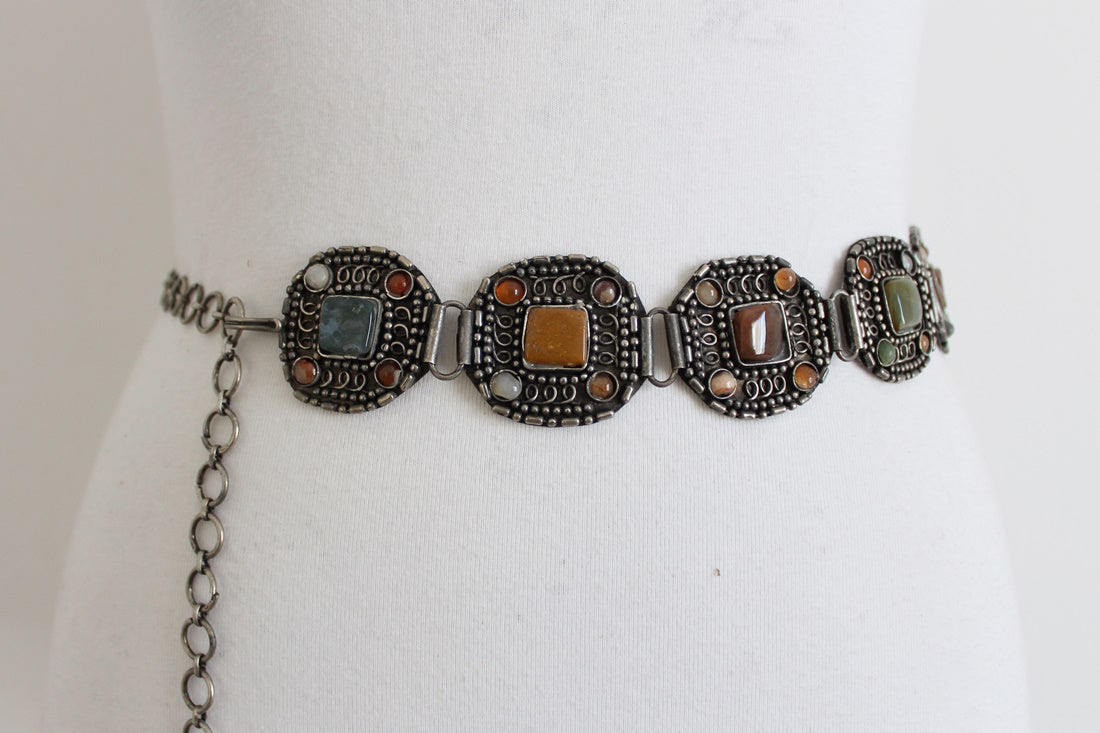 VINTAGE SEMI PRECIOUS STONE SILVER CHAIN BELT