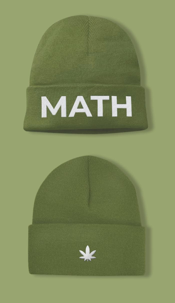 Green beanie with math embroidered in white in the front and marijuana leaf on the back