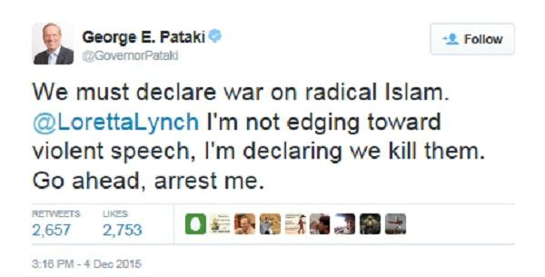 Backlash: 'Anti-Muslim' speakers dare Lynch to prosecute Pataki_tweet_islam