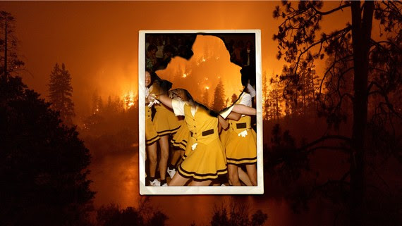 Illustration showing a picture of a wildfire in the woods overlaid with a polaroid of schoolgirls wearing yellow uniforms. The polaroid is burnt, so the faces of most of the girls are not visible.