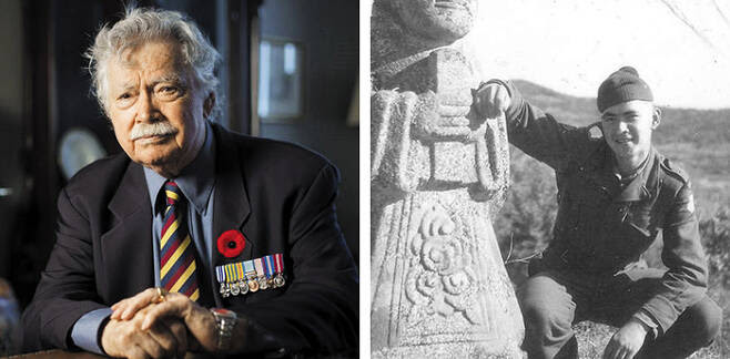 캐나다 출신 6·25 참전용사 빈센트 코트니씨가 지난 2019년 11월 온타리오주 윈저 자택에서 훈장을 달고 기념 촬영을 하고 있다(왼쪽 사진). 오른쪽 사진은 6·25전쟁이 한창이던 1952년 가을, 코트니씨가 한 석상(石像) 앞에서 포즈를 취하고 있는 모습이다. 그는 본지 인터뷰에서 “한국이 폐허에서 꽃피운 모든 것에 존경을 표한다”며 “참전 용사들의 희생이 헛되지 않았음을 한국인들이 계속해서 증명해달라”고 했다. /빈센트 코트니 제공