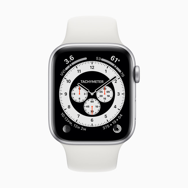 Apple Watch 5 螢幕中顯⽰的 Chronograph Pro 錶⾯。