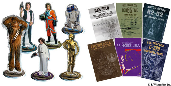 (写真/左)左上からハン・ソロ、
ルーク・スカイウォーカー、
R2-D2、
チューバッカ、
レイア・オーガナ、
C-3PO ※キャラクター高さ(約)平均129mm/最大176mm/最小83mm(写真/右)大判ポストカード×6枚