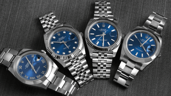 A bevy of Rolex Datejust 41 models with blue dials. Roman, Diamond and Baton hour markers; Smooth and Fluted Bezels; Oyster and Jubilee bracelets