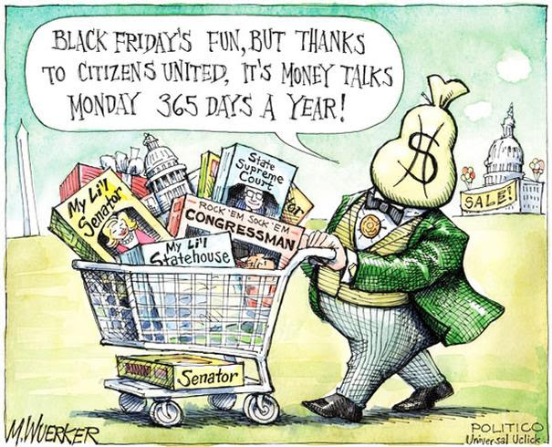 Cartoon showing moneybag-headed man with grocery cart of government officials