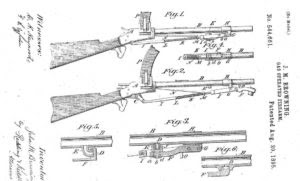 John Browning's patent for a gas operated carbine that uses swinging piston below the barrel. This patent was later used as a base for Colt Browning M1895 machine gun