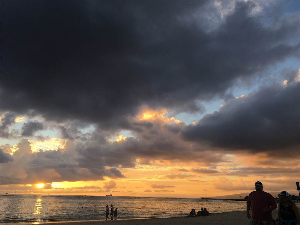 オアフ島の夕焼け。真っ黒な雲の向こうオニ燃えるような夕陽が。