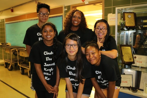 Top row l to r: Ken (Haojin) Lin, Ms. Corbin, Cindy Liu. Bottom row  l to r: Ritu Dey, Elsa Cheung,  Janell Dwyer