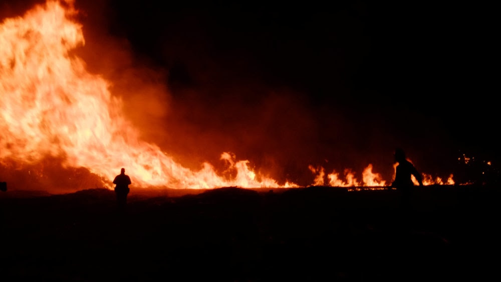 un groupe de personnes debout devant un feu