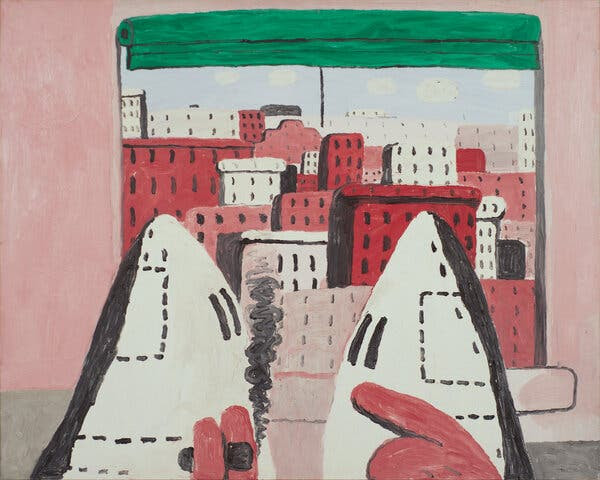 &ldquo;Open Window II&rdquo; (1969) features the signature hooded figures that Guston drew in a crude, cartoonish fashion in his later years, startling viewers and his peers.