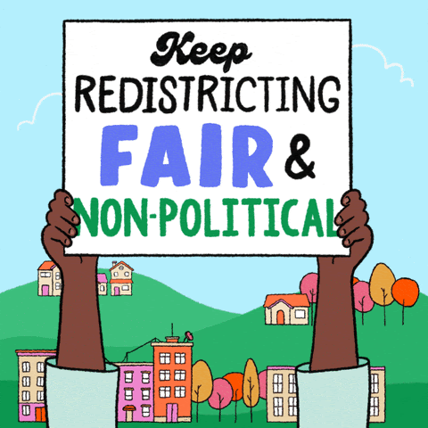 Image of someone holding a sign that says "keep redistricting fair & nonpolitical"