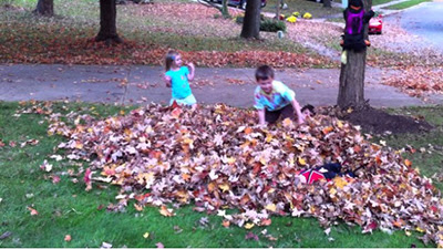 kids playing in a leaf pile