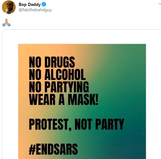 Protest not party - Falz tells #EndSARS protesters derailing from objective of the protest