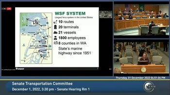 Screenshot of legislative committee meeting with a slideshow on the left and people sitting at a deck on the right