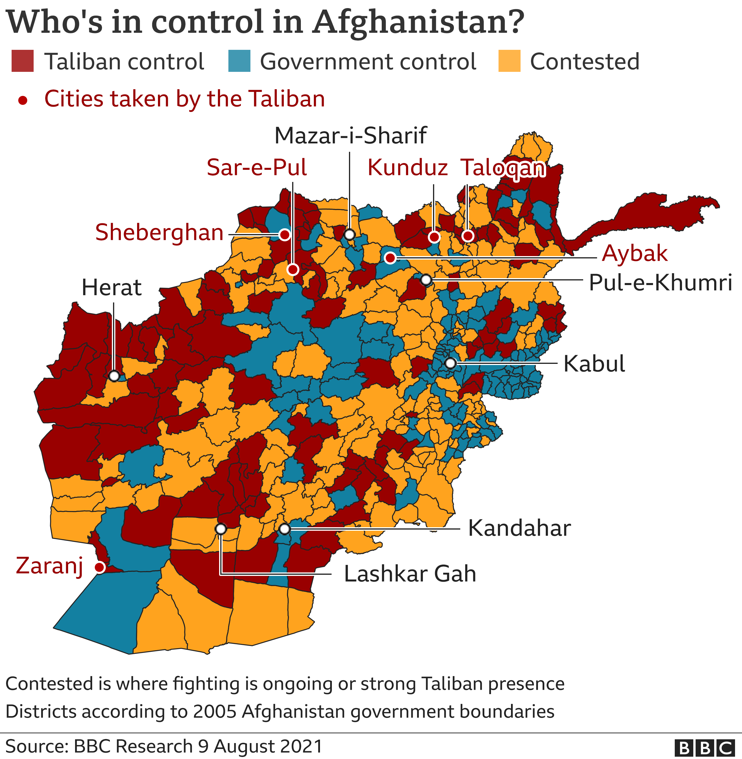 Map showing who is in control across Afghanistan
