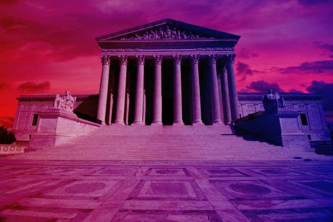 supreme court image with purple colored background showing a mix of red and blue hues