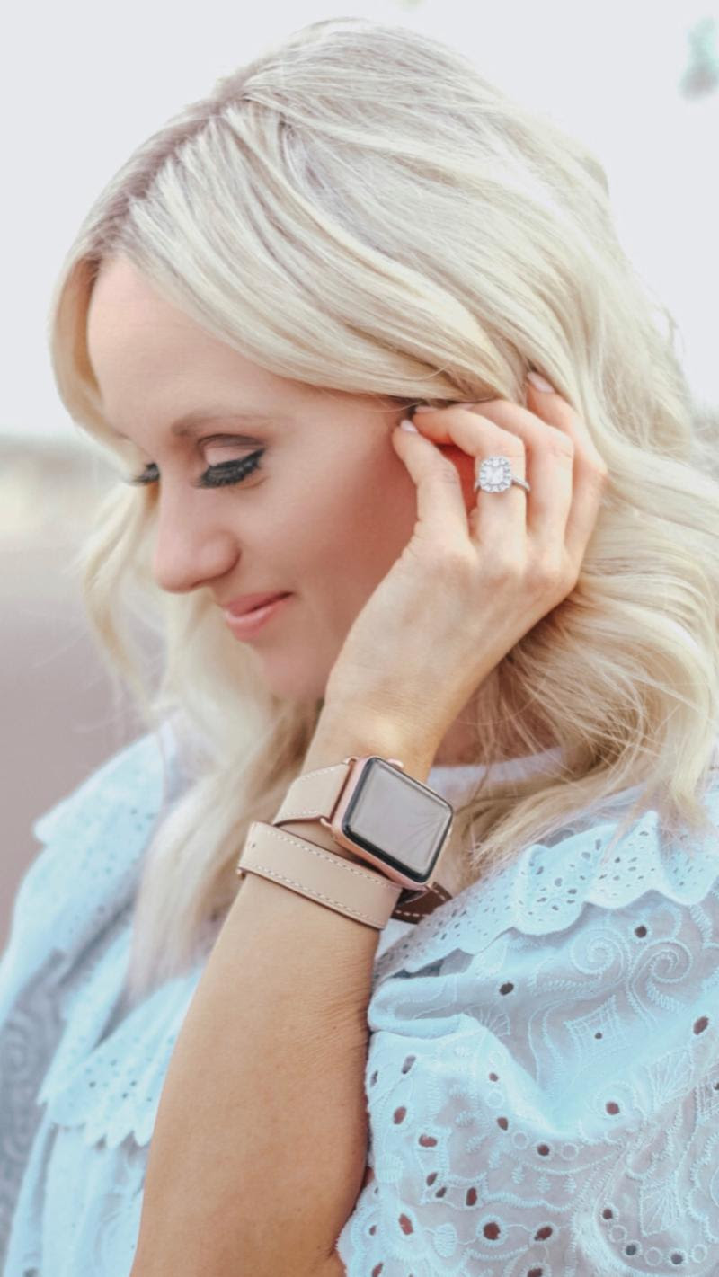 Juxli Home Apple Watch Double Wrap Leather Band in Blush Pink Worn by Blonde Woman