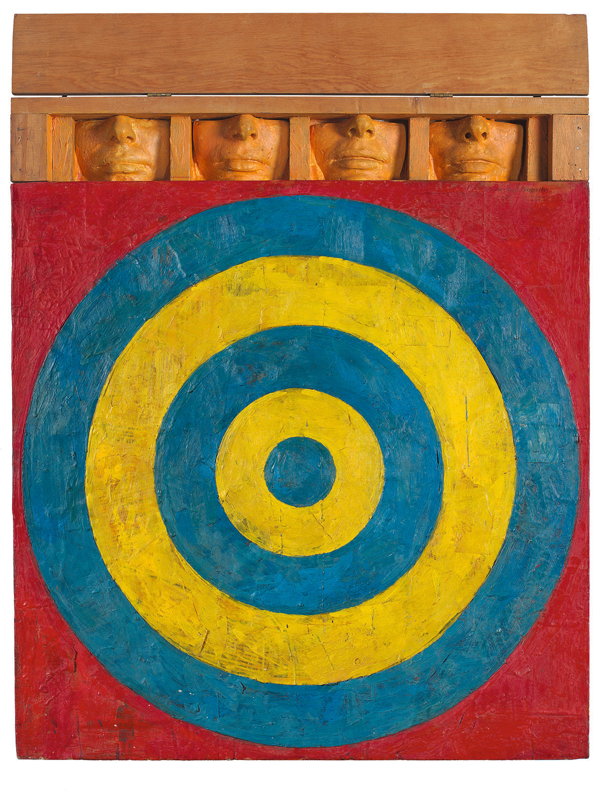 Jasper Johns, Target with Four Faces, 1955. Encaustic and collage on canvas with objects, 29 3/4 × 26 in. (75.6 × 66 cm). The Museum of Modern Art, New York; gift of Mr. and Mrs. Robert C. Scull 8.1958. © 2021 Jasper Johns / Licensed by VAGA at Artists Rights Society (ARS), New York. Photograph courtesy the Wildenstein Plattner Institute, New York