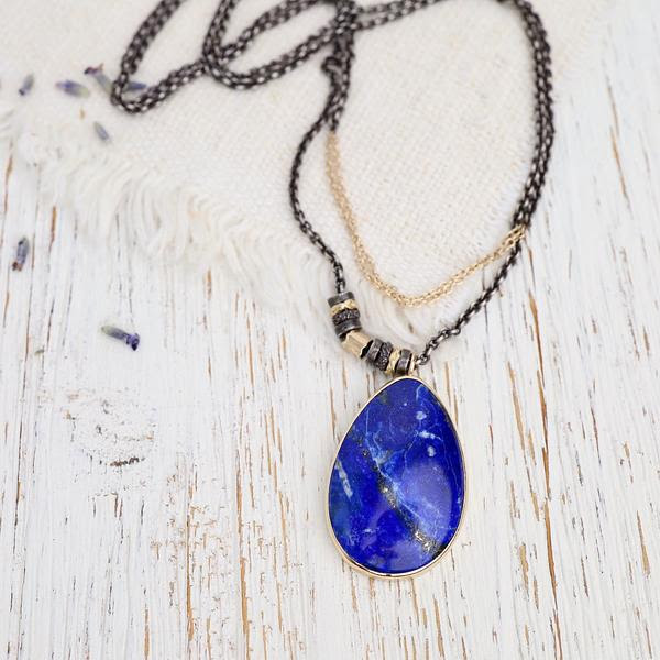 Oxidized Sterling &amp; 14K Gold Long Convertible Zebra Chain Necklace with Lapis