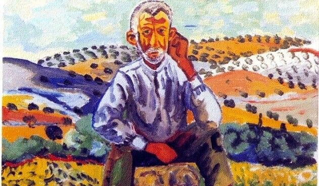 pintura de hombre en el campo representando la fábula de la oveja negra
