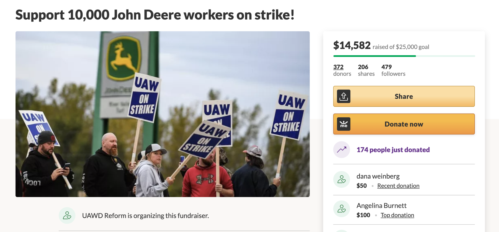 Screenshot of the GoFundMe page for the UAW strike fund. 