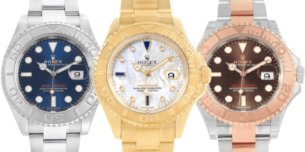Yacht-Master Watches from left: Rolex Yacht-Master 40mm Steel Platinum Blue Dial, Yellow Gold Mother of Pearl Diamond Sapphire Serti, and Steel Everose Gold Chocolate Dial Watches