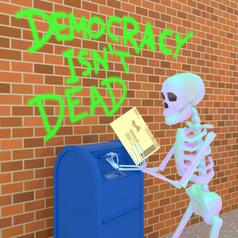 GIF of a skeleton placing mail in a mailbox. The graffiti on the wall says "democracy isn't dead"