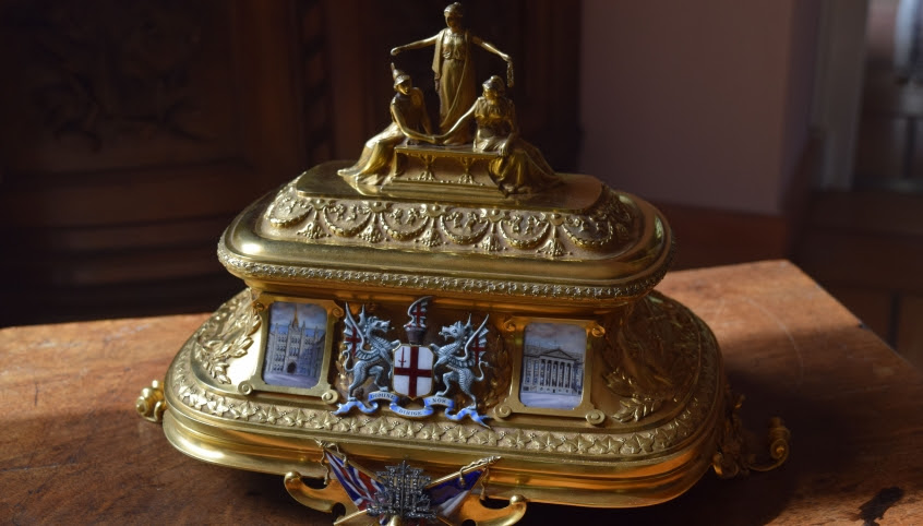 Up-close photo of the golden chest featured in the treasure hunt, “The Golden Treasure of the Entente Cordiale."