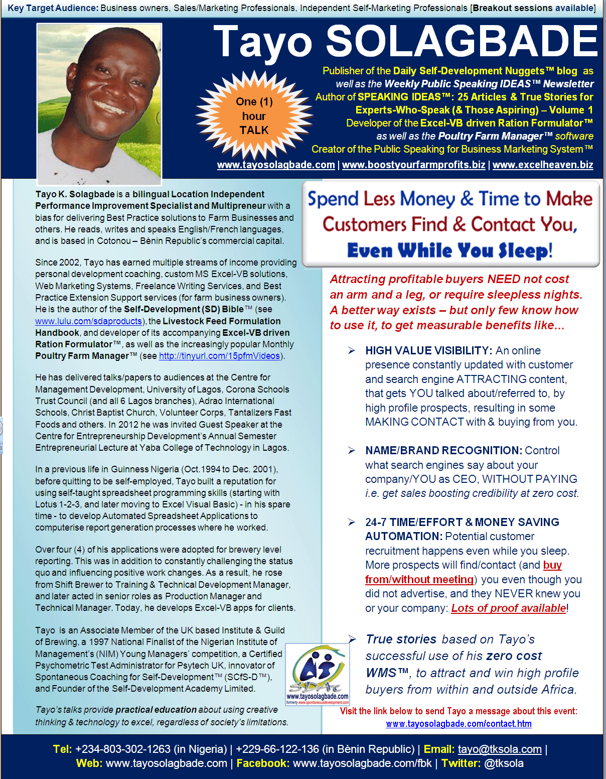Click to download - PDF Speaker One Sheet for Tayo Solagbade's ONE HOUR TALK titled 'Spend Less Money & Time to Make Customers Find & Contact You, Even While You Sleep!' 