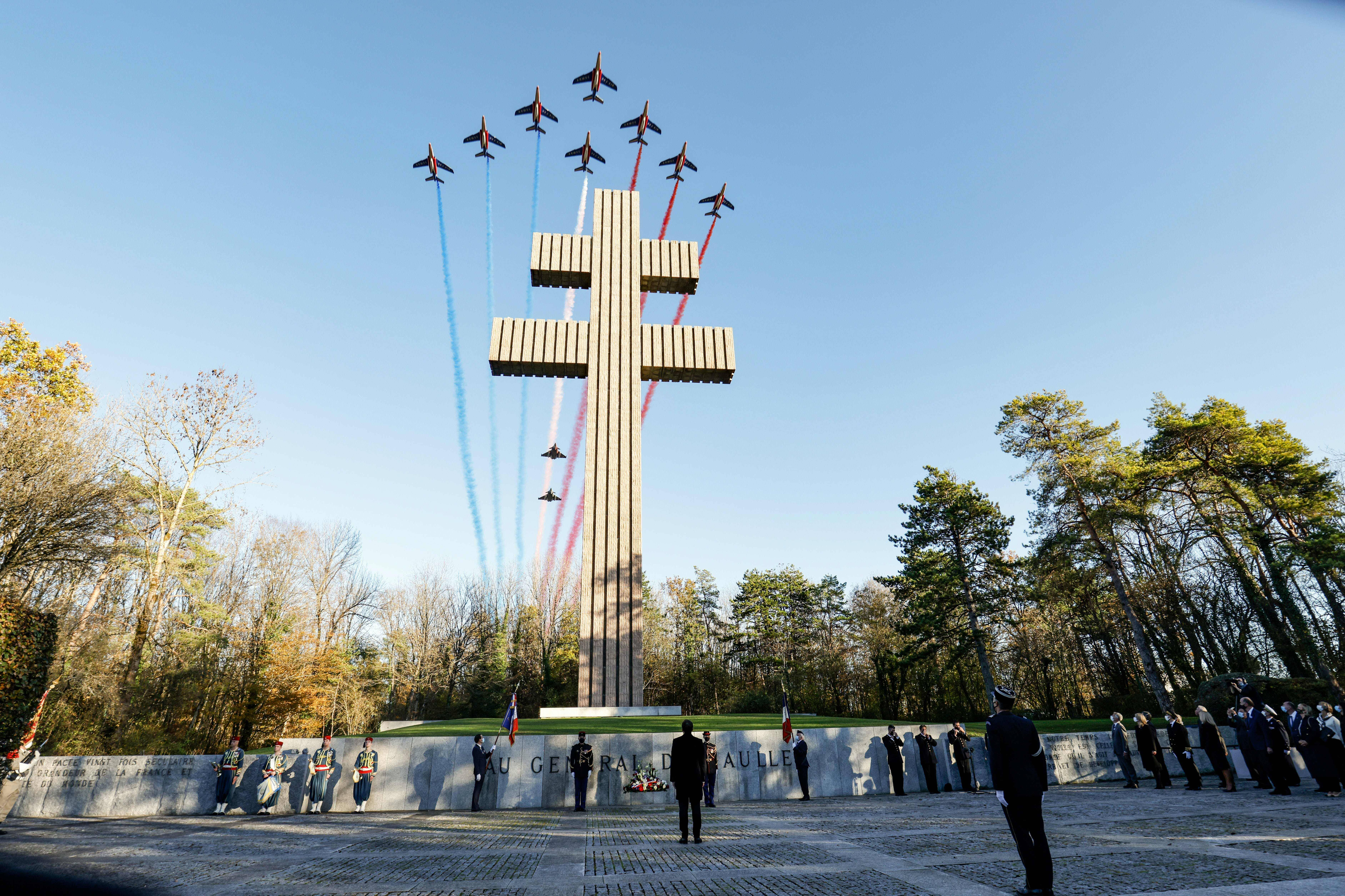 France's air force flies over a memorial to the late French president Charles de Gaulle on Nov. 9. (Ludovic Marin/AFP/Getty Images)