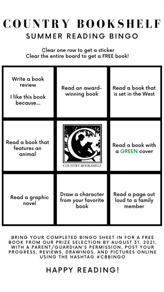 2021 Kids Summer Reading Bingo. Clear one row to get a sticker, clear the entire board to get a free book. Bring in your completed bingo sheet in for a free book from our prize selection by August 31, 2021. With a parent or guardian's permission, post your progress, reviews, drawings and pictures online using #CBBINGO