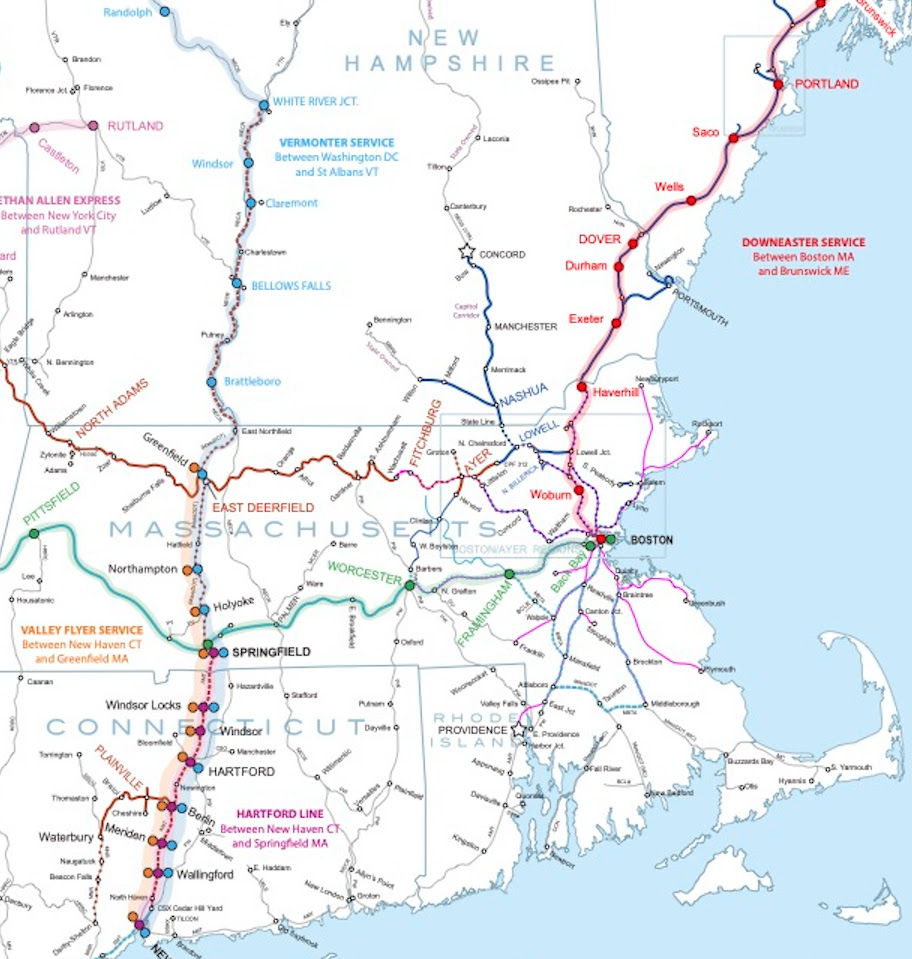 Map showing Amtrak routes in New England