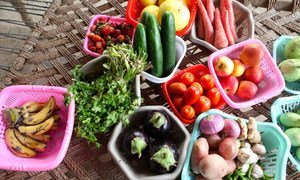 Frutas y verduras frescas preparadas para cocinar.