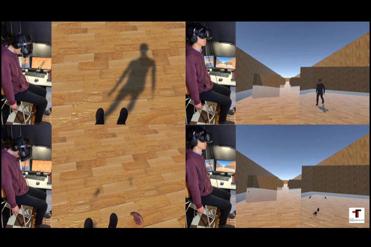 A user tries the system in two different modes – one in which the mirror reflection of their avatar shows its whole body, and one in which only its hands and feet are visible