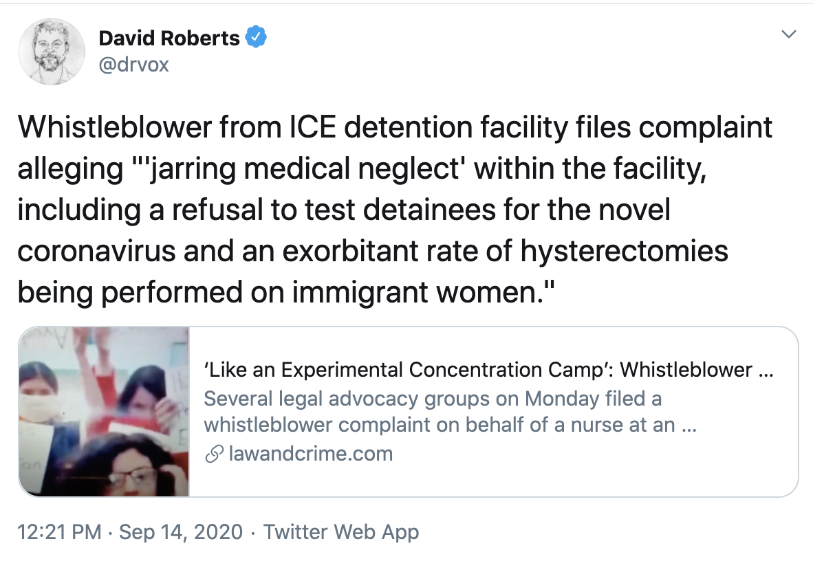 A tweet that says "Whistleblower from ICE detention facility files complaint alleging "'jarring medical neglect' within the facility, including a refusal to test detainees for the novel coronavirus and an exorbitant rate of hysterectomies being performed on immigrant women.""