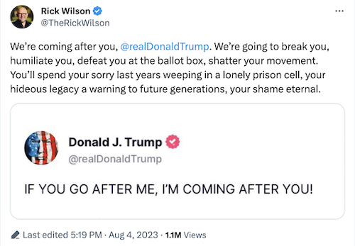 We’re coming after you, @realDonaldTrump . We’re going to break
you, humiliate you, defeat you at the ballot box, shatter your
movement. You’ll spend your sorry last years weeping in a lonely
prison cell, your hideous legacy a warning to future generations, your
shame eternal.