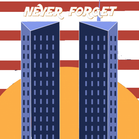 Image of the twin towers with a sun and the American flag stripes behind it. the words "never forget" are printer at the top